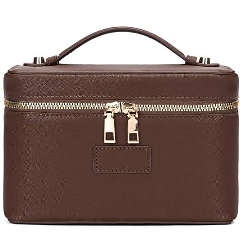 Makeup Bag Vanity Case for Women – Portable Cosmetic Bag Makeup Bag Organizer Travel Toiletry Bag with Removable Divider - color: Dark Brown