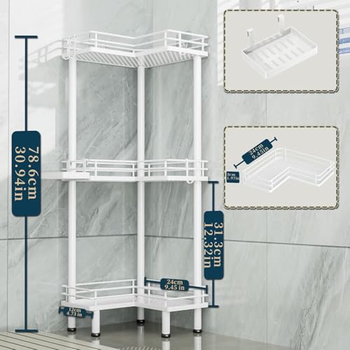 Consumest Corner Shower Caddy Standing - 3-Tier Stainless Steel Shower Organizer with Soap Holder and 4 Hooks, Large Capacity Corner Shelf Stand for Bathroom, Rest Room, White - color: White, size: 3 Tier