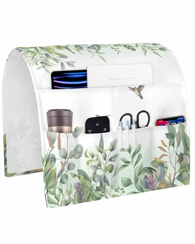 Sofa Armrest Organizer Bedside Caddy, Green Botanical Non Slip Couch Remote Control Holder for Recliner, Watercolor Green Eucalyptus Leaves Birds Arm Chair Caddy with Pocket, 19.7"x35" - size: 19.7x35 in