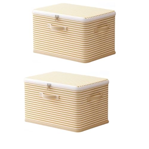 Foldable Storage Containers, Beige Striped Fabric Boxes with Lids, Stackable Closet Organizer Bins for Bedroom, Clothing Storage (Yellow, XL) - color: Yellow, size: XL