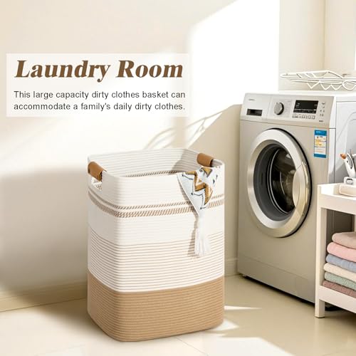 Laundry Hamper, 85L Large Laundry Basket with Leather Handles, Dirty Clothes Hamper for Laundry, Woven Tall Laundry Basket for Blankets, Cotton Hampers for Bedroom, Living Room, Nursery - color: Jute & White, size: 85L
