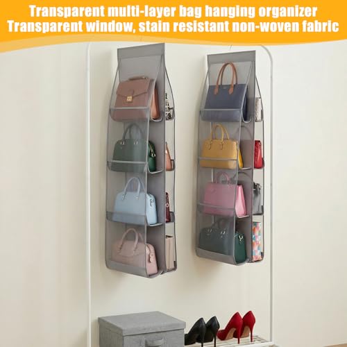 3 Packs Hanging Handbag Organizer for Closet, Purse Organizer For Closet, Purse Storage Holder with 8 Clear Pockets, Space Saving Purses Hanger for Wardrobe Door Wall, Gray