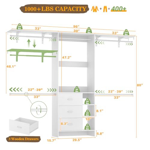 Aheaplus Closet System, Closet Organizer with 3 Wooden Drawers, 8FT Closet Organizer System, 96’’ Walk-in Closet Wardrobe Clothes Rack with Hanging Rods, Garment Rack, Fits 5.3-9 ft, -W3,White - color: White