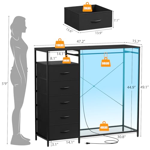 47 Inch Black Dresser with LED Lights & Hanging Rack, 5 Drawer Fabric Dresser with Charging Station and Shelves, Tall Closet Organizer for Bedroom Clothes Storage - color: Black, size: 11.8"D x 39.4"W x 31.5"H (5 Drawers)