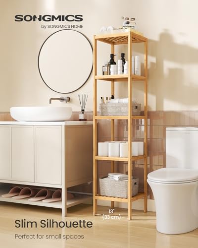SONGMICS Bamboo Storage Shelf, 5-Tier Shelving Unit, Multifunctional, in the Entryway, Bathroom, Living Room, Balcony, Kitchen, 13 x 13 x 57.5 Inches, Light Bamboo UBCB55Y - color: Light Bamboo, size: 5 Tiers (13"D x 13"W x 57.5"H)