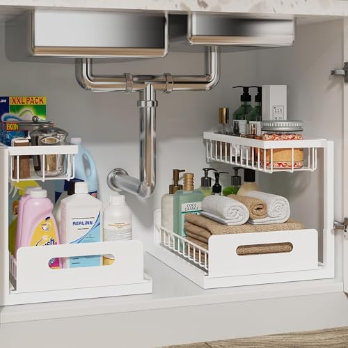 REALINN Under Sink Organizer, Pull Out Cabinet Organizer, 2 Tier Metal Slide Out Shelf with L Shaped Design, Under Cabinet Storage for Kitchen, Bathroom, Laundry, Deep Cabinet Shelf Storage, White - color: White, size: 2 Pack