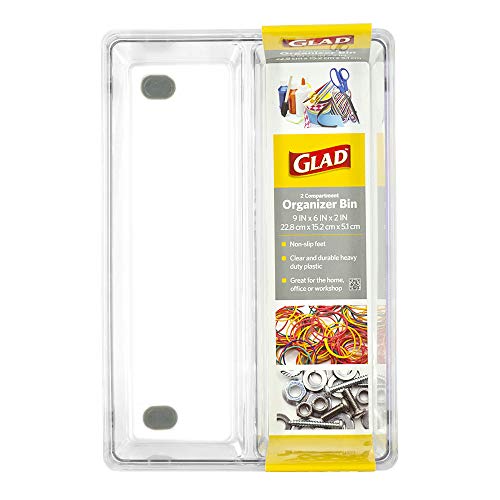 Glad Plastic Drawer Storage Tray – Heavy Duty Organizer Bin for Home, Kitchen, Bath, Bedroom, Office | Non-Slip Feet, 2-Compartment, Clear - size: 2-Compartment (Pack of 1)