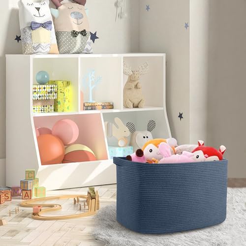 MEGASKET Extra Large Rectangle Storage Basket, 23.6" x 17" x 12" Dark Blue Blanket Storage for Living Room, Large Woven Cotton Rope Storage Box, Soft Kids Toy Basket Organizer Bin, Big Wicker Basket - color: Dark Blue, size: 23.6"x17"x12