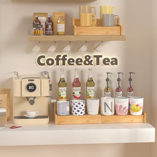 Hongtamoya 2-Tier Expandable Bamboo Coffee Mug Holder, Mug Organizer for Kitchen Cabinets, Mug Cup Rack, Multi-Functional Cup Holder Shelf, Coffee Bar Organizer, Home - size: (11.61~22.44'')L*8.86''W*4.53''H