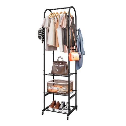 SUOERNUO Clothes Rack With Wheels and 3-Tier Metal Shelves,Clothing Rack For Hanging Clothes With 4 Hooks,Garment Rack Wardrobe Organizer for Small Space,Black (black, 16.54 * 18.23 * 72.05) - color: black
