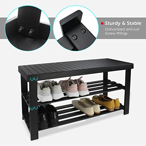 SMIBUY Bamboo Shoe Rack Bench, 3-Tier Shoe Organizer Storage Shelf for Entryway Hallway Bathroom Living Room (Black) - color: Black