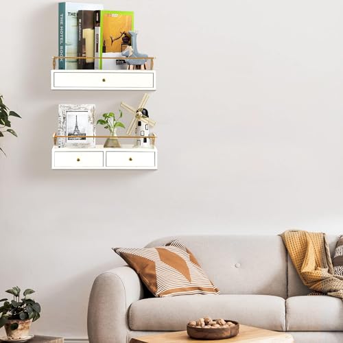 Dreampossible Floating Shelves With Drawers Set of 2, Wall Mounted Bathroom Storage, Rustic Wood Shelves for Bedroom, Living Room, Kitchen, Home Decor, Plants, Books (White) - color: White, size: 13.8 Inch Long