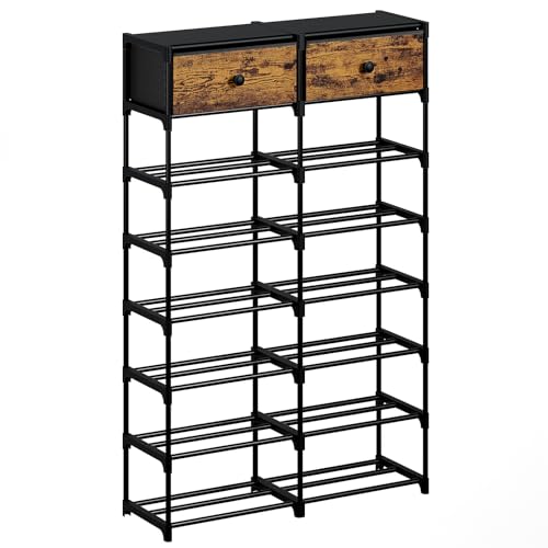 Tall Shoe Rack, 8 Tier Shoe Rack Organizer with 2 Large Drawers, Shoe Storage for 28-32 Pairs, Sturdy Metal Shoe Shelf Shoe Stand for Closet Entryway, Rustic Brown and Black - color: Rustic Brown and Black, size: 8 Tier