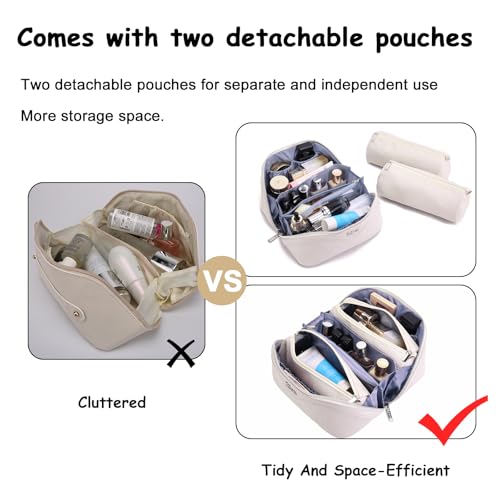 BOYATU Travel Makeup Bag for Women: Cosmetic Organizer Bag with Compartments - Leather Make up Bags Set of 3 (G-2-White) - color: G-2-White