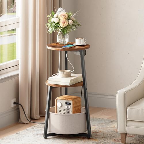 HOOBRO Small Round Side Table with Charging Station, Round End Table with Cotton Linen Storage Basket, Compact Sofa Side Table Nightstand for Small Space, Corner, Living Room, Rustic Brown BF169UBZ01 - color: Rustic Brown + Black