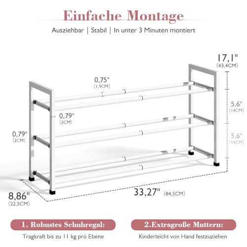 Bumusty 3-Tier Expandable Shoe Rack for Closet, 18“-33” Adjustable Shoe Rack for Small Space, Small Shoe Organizer for Front Door, Sturdy Metal, White - color: White, size: 3-Tier