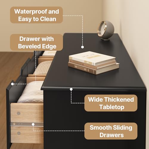 Gizoon 7 Drawer Dresser, 48" Wide Wood Chest of Drawers for Bedroom, Black Modern Storage Organizer, Handle Free Design, Living Room, Kids Room, Entryway, Hallway, Black - color: Black, size: 15.7"D x 47.2"W x 32.7"H (7 Drawers)