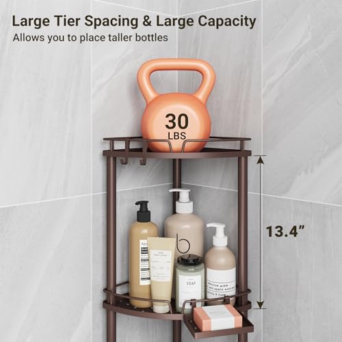 ELYKEN Corner Shower Caddy Standing, 4 Tier Rustproof Metal Shower Organizer with Soap Holder, Floor Shower Corner Shelf Rack Storage Stands with Adjustable Feet & 2 Hooks for Bathroom, Bronze - color: Bronze, size: 4 Tier