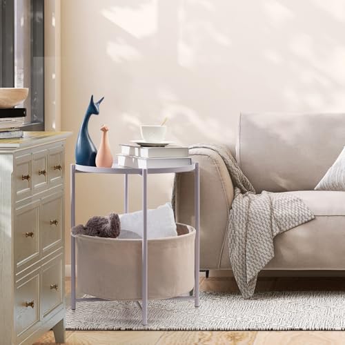 danpinera Round Side Table with Fabric Storage Basket, Metal Side Table Small Bedside Nightstand with Removable Tray Top for Living Room, Bedroom, Nursery, Laundry, Light Violet - color: Light Violet