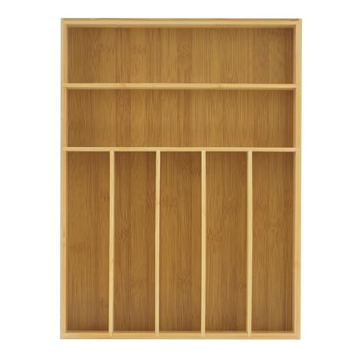 JoyJolt Bamboo Drawer Organizer, 7-Compartment Silverware Organizer, Cutlery and Utensil Organizer, Drawer Organizers for Garage, Kitchen, and Bathroom, Organizer Drawers for Kitchen Utensils