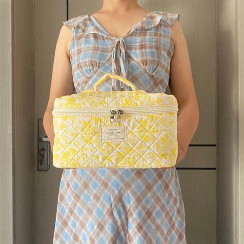 Yellow Large Quilted Floral Makeup Bag Cute Soft Coquette Aesthetic Cosmetic Bag Cotton Travel Toiletry Bag for Women - color: A-Yellow