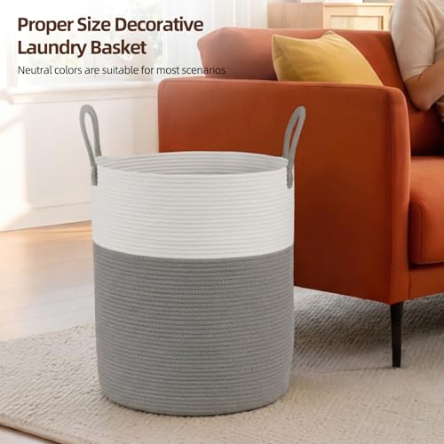 OIAHOMY Large Laundry Basket Hamper - 60L Cotton Rope Woven Basket for Blankets, Toys, Clothes - Tall Decorative Nursery Hamper with Long Handles, Grey/White - color: Grey/White, size: 60L