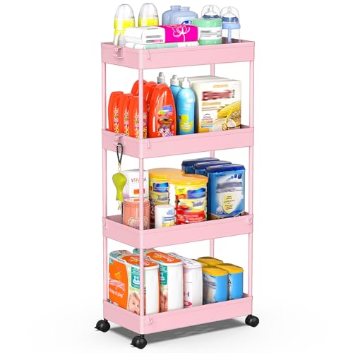SPACEKEEPER Storage Cart 4-Tier, Bathroom Rolling Cart Utility Storage Organizer Shelf Mobile Shelving Unit for Kitchen Living Room Bathroom Laundry Room & Dressers, Pink - color: Pink, size: 4 Tier