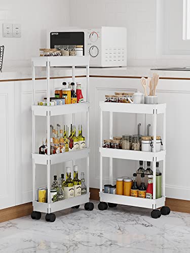 Sooyee 4 Tier Slim Storage Cart Mobile Shelving Unit Organizer Slide Out Storage Rolling Utility Cart Tower Rack for Kitchen Bathroom Laundry Narrow Places, Plastic & Stainless Steel,White - color: White, size: Slim
