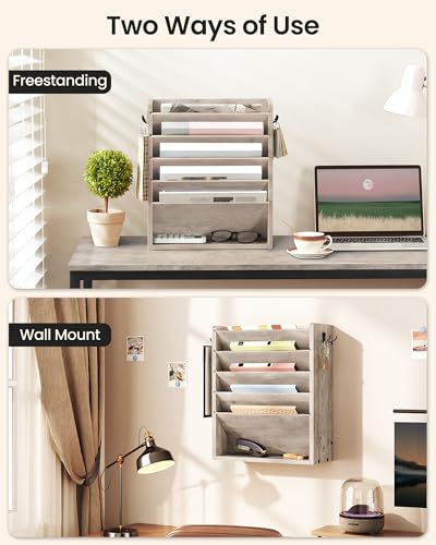 CHOEZON Wall File Organizer, 6-Tier Vertical Mount Hanging Holder with 2 Side Hooks, Modern Wooden Magazine Storage Holder with Bottom Tray, Desk Organizer, for Office, Home, Greige MWJ01FH - color: Greige, size: 6-Tier