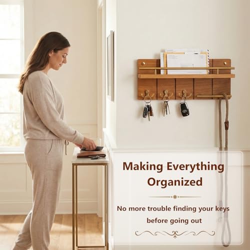 15.7" Teak Wood Key Hooks for Wall, Solid Wood Key Holder Wall Mount, Decorative Mail Organizer with Key Rack and Shelf, Rustic Home Decor for Entryway Living Room Bathroom Bedroom (Large Size) - size: 15.7 inch