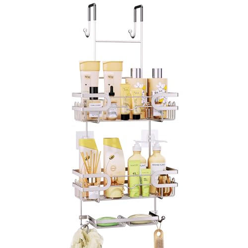 SWTYMIKI Over The Door Shower Caddy - Stainless Steel Hanging Shower Organizer With Soap Holder & 16 Hooks No Drilling Hanging Caddy Over Door To Organize Bathroom Essentials, Sand Nickel - color: Sand Nickel
