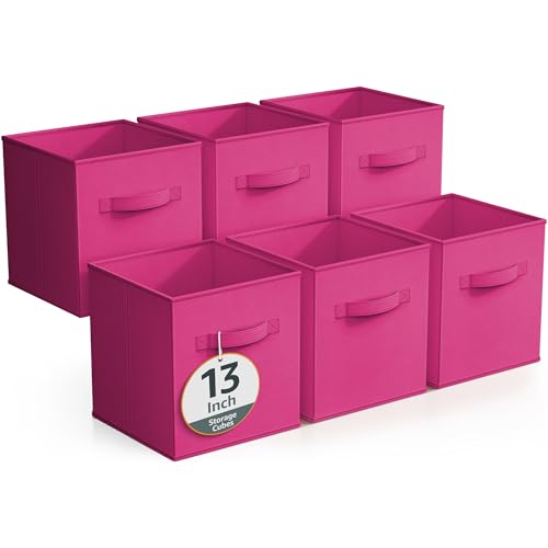 Sorbus Fabric Storage Cubes - 6 Foldable Storage Bins for Organizing Pantry, Cubbies, Toy Box - Clothes Storage & Closet Organizer - 13 Inch Collapsible Cube Baskets for Shelves with Handle - color: Pink, size: 13 Inch