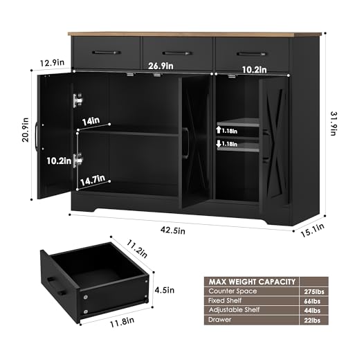 HOSTACK Modern Farmhouse Buffet Sideboard Cabinet, Barn Doors Storage Cabinet with Drawers and Shelves, Wood Coffee Bar with Storage for Dining Room, Kitchen, Living Room, Black/Rustic Brown - color: Black/Rustic Brown