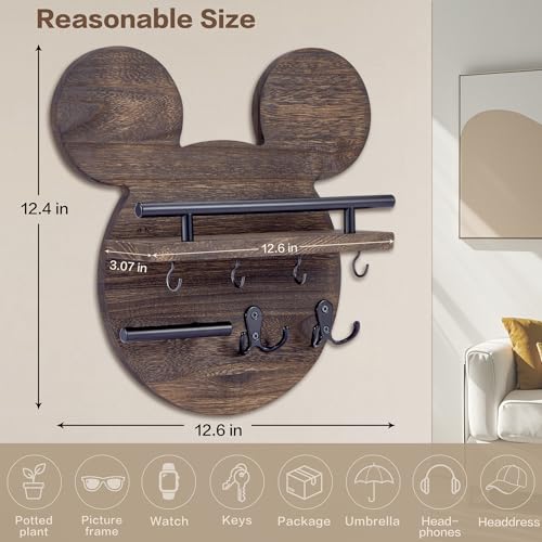 AIRPOP Key Holder for Wall–Mouse Wooden Mail Organizer Wall Mount with Shelf and 6 Hooks, Easy Installation Key Rack Hanger for Entryway Living Room Home Decor (Brown) - color: Brown