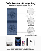 Sofa Armrest Organizer Bedside Caddy, Nautical Compass Non Slip Couch Remote Control Holder for Recliner, Navy Blue Striped Coastal Compass Arm Chair Caddy with Pocket for Magazine, Phone, 13"x35" - size: 13x35 in