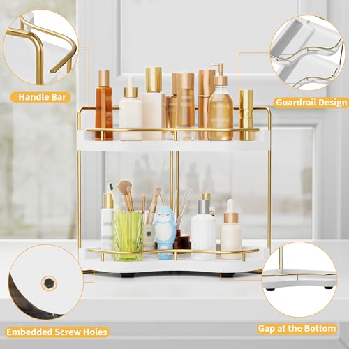2-Tier Corner Bathroom Counter Organizer with Embedded Screw Holes, Secure & Stable Wood Vanity Shelf for Makeup and Skincare Essentials - Space Saving Bathroom Countertop Storage, White Gold - color: White Gold