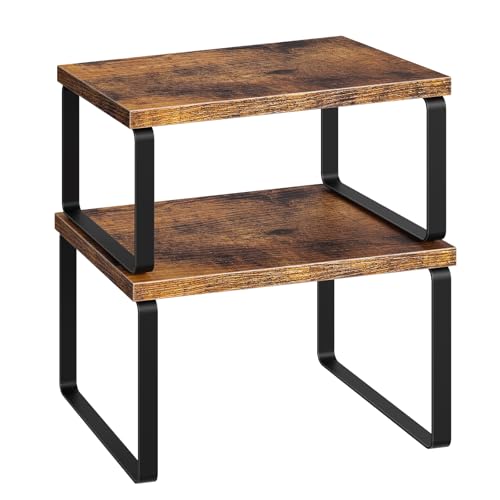 HOOBRO Cabinet Organizer Shelf, Set of 2, Kitchen Countertop Organizer, Kitchen Countertop Shelf, Spice Rack for Counter, Stackable, Expandable for Cabinet, Kitchen, Rustic Brown and Black BF33TL01 - color: Rustic Brown + Black
