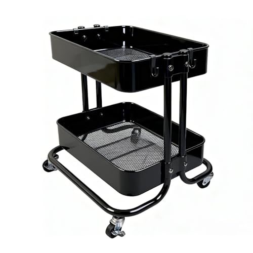 2 Tier Cart with Wheels Heavy Duty Metal Rolling Storage Cart for Under Desk Storage, Short Small Utility Shelf for Pantry Kitchen Bathroom Laundry, Home Organizer with Large Basket, Black - color: Black-1