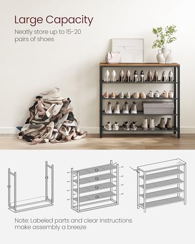 VASAGLE Shoe Rack, 5-Tier Shoe Storage Organizer with 4 Metal Mesh Shelves for 16-20 Pairs and Large Surface for Bags, for Entryway, Hallway, Closet, Industrial, Rustic Brown and Black ULBS15BX - color: Rustic Brown, size: 5 Tiers (39.4"W)