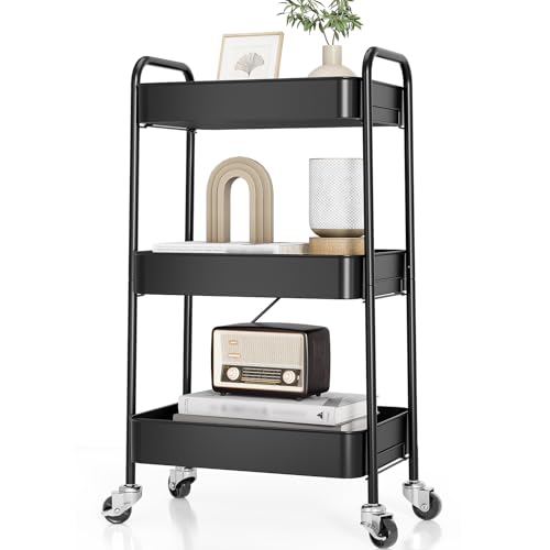 TOOLF 3-Tier Metal Rolling Cart with Wheels, Storage Utility Organizer Cart for Kitchen, Bathroom, Office, Baby Essentials & Makeup - Lockable Casters, Easy Assembly, Large Capacity, Black - color: Black, size: 3-Tier