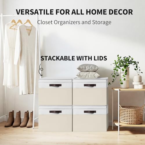 2 Pack EXTRA LARGE Blanket Storage Baskets with Lids, 22”x16”x12” Closet Organizers Bins for Clothes Towel/ Toy Storage Box with Lid Handles/ Stackable Decorative Fabric Bins for Living Room, Nursery - color: White with Beige