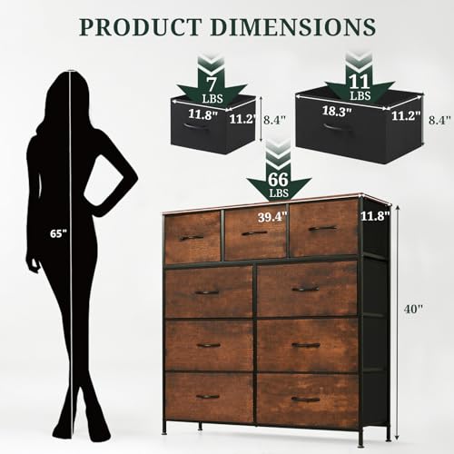 9-Drawer Dresser for Bedroom, Anti-Tip Tall Storage Organizer Chest of Drawers with Wooden Top and Metal Frame Fabric Bins for Closet, Living Room, Hallway, Entryway, Brown - color: Brown, size: 11.8"D x 39.4"W x 40"H (9 Drawers)