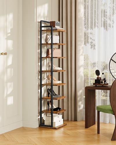 CHOEZON 8-Tier Vertical Shoe Rack, Narrow Shoe Tower, Corner Shoe Storage Organizer, Shoe Shelf, for Small Spaces, Industrial Style, for Entryway, Hallway, Living Room, Rustic Brown and Black TXJ08BF - color: Rustic Brown, Black, size: 11.7"L x 8.9"W x 53