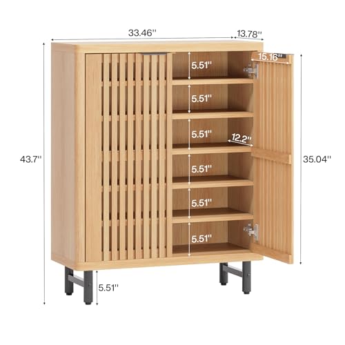 Tribesigns 6-Tier Shoe Cabinet with Shutter Doors, Large Wooden Shoe Organizer Rack with Adjustable Shelves, Modern Farmhouse Hidden Storage Furniture for Entryway, Hallway (Light Brown) - color: Light Brown