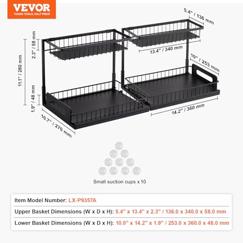 VEVOR Pull Out Cabinet Organizer, 2 Tier Under Sink Organizer and Storage(10.7"W x 14.2"D ), Slide Out Drawer Cabinet Organizer, Wire Basket Sliding Shelf for Kitchen Bathroom Cabinet, Black (2 Pack) - size: 10.7"W x 14.2"D (2 Pack)