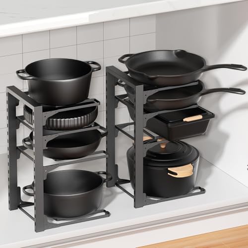 MUDEELA 2 Pack Pots and Pans Organizer under Cabinet, 4-Tier Heavy Duty Pan Organizers inside Cabinet Kitchen Storage, Adjustable Pot Rack Holds up to 44 LB Cast Iron Skillets Shallow Cookware - style: 4-Tier 2Pack