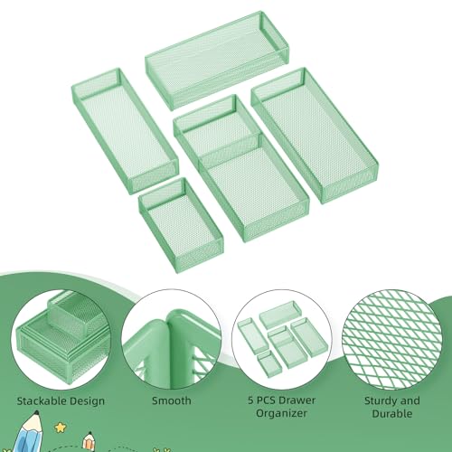 Marbrasse 5 Pack Desk Drawer Organizer Set, Mesh Drawer Storage Trays with 1 Adjustable Divider, Desk Organizers and Accessories, 5 PCS Drawer for Office Supplies, Makeup & Vanity (Green) - color: Green