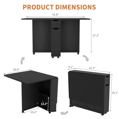 Garvee Folding Dining Table with Storage, Folding Kitchen Table with 6 Wheels, Drawer & Shelves, Compact Dining Table for Small Spaces - color: Black
