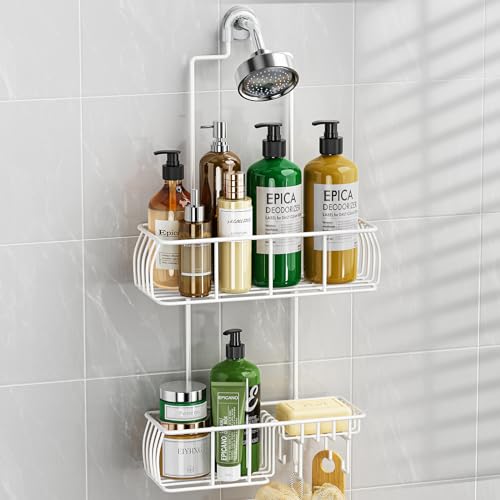 Epicano Shower Caddy Hanging, Anti-Swing Over Head Shower Caddy Rustproof with hooks for Towels, Sponge and more,White - color: White