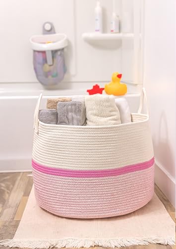 OrganiHaus Large Woven Storage Basket for Blankets and Toys 20" x 13" Inch, Rope Laundry Basket with Handles, Cushions & Pillows Storage Bin, Nursery Hamper, Soft Round Dog Toy Bin - Pink Stripe - color: Striped Pink, size: Wide